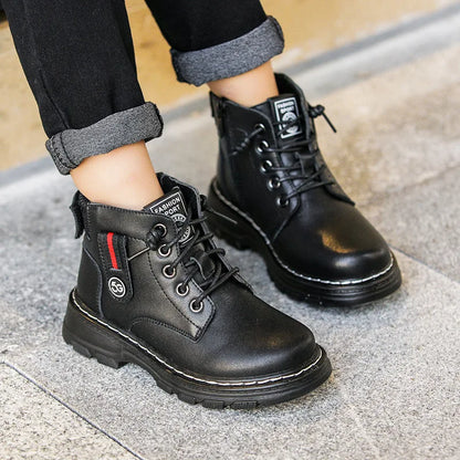 Kids Plush Velvet And Leather Ankle Length Warm Boots childrensterritory