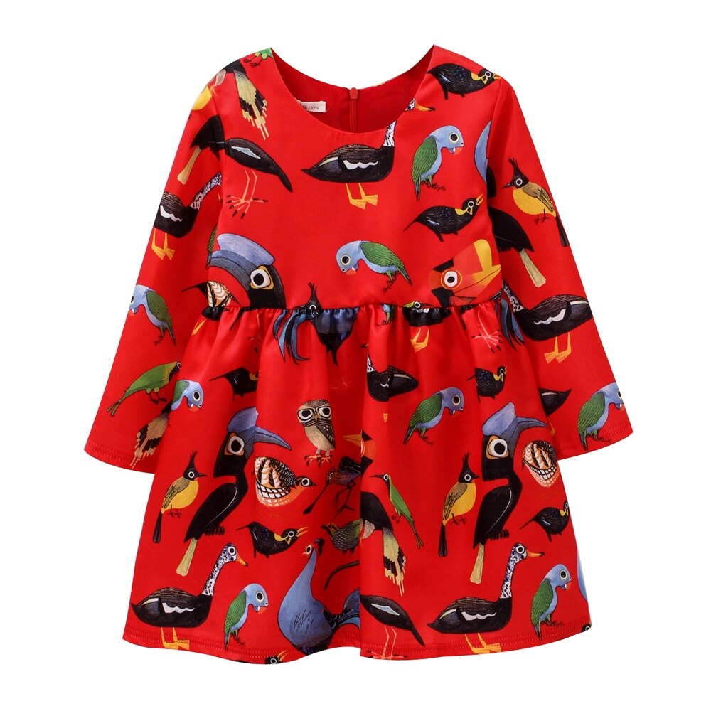 Flower Birds Printing Long Sleeve Princess Girl Dresses childrensterritory