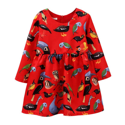 Flower Birds Printing Long Sleeve Princess Girl Dresses childrensterritory