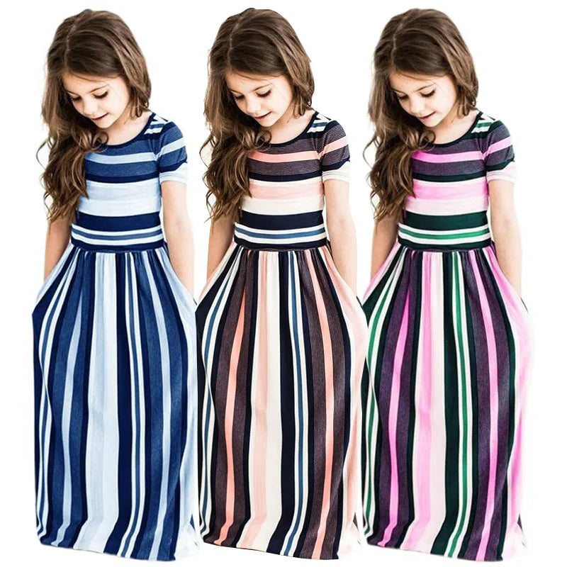 Striped Print Design Casual Summer Long Dress For Baby Girls childrensterritory