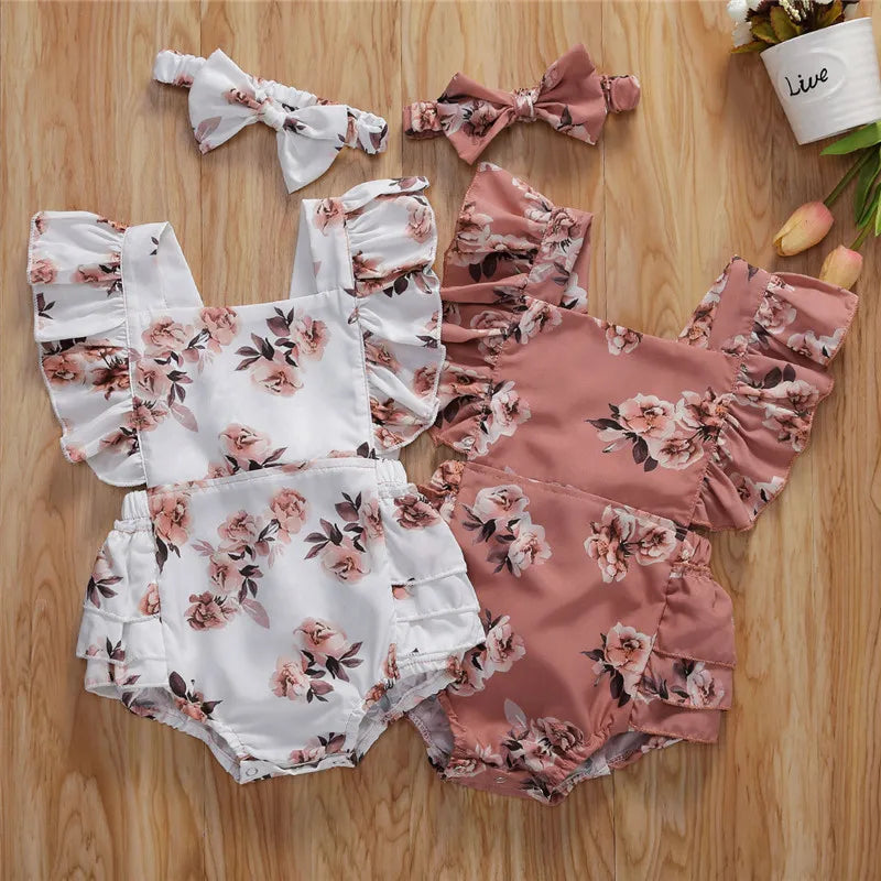 Little Girl Round Neck Printed Ruffle Swimsuit and Headband