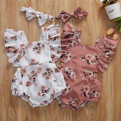 Little Girl Round Neck Printed Ruffle Swimsuit and Headband