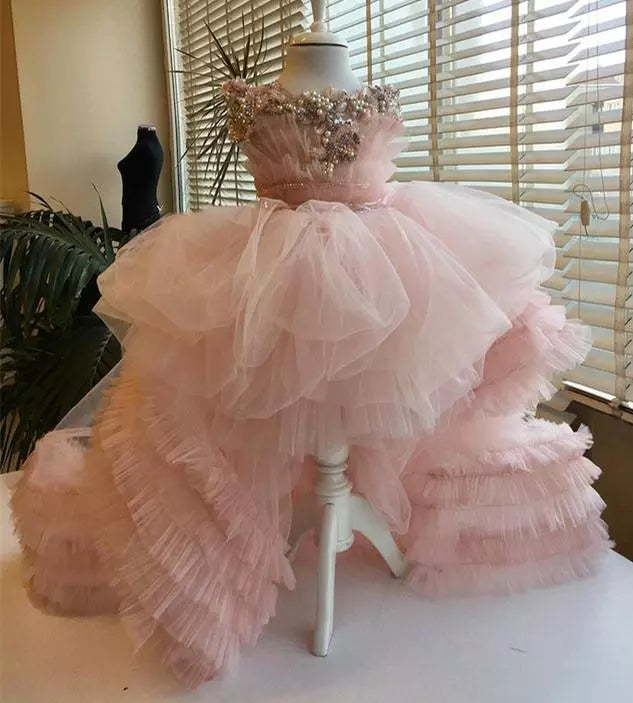 Luxury High Low Ruffles Beaded Pearls Kids Girls Pageant Gowns childrensterritory