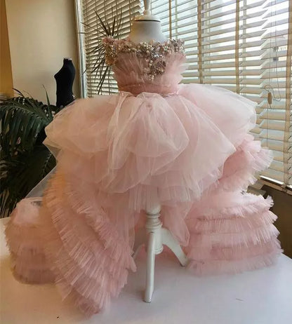 Luxury High Low Ruffles Beaded Pearls Kids Girls Pageant Gowns childrensterritory