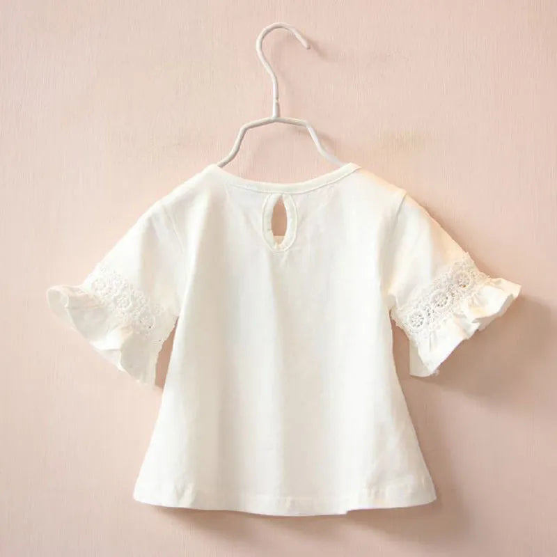 Kids Girls Round Neck Lace Trumpet Sleeve Summer Tops childrensterritory