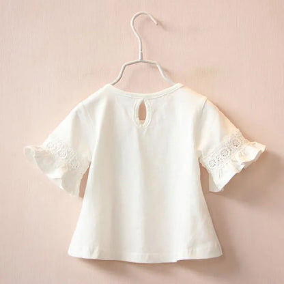 Kids Girls Round Neck Lace Trumpet Sleeve Summer Tops childrensterritory