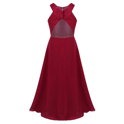 Kids Girls Halter Lace Design Chiffon Long Prom Ball Gowns childrensterritory