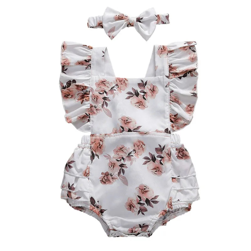 Little Girl Round Neck Printed Ruffle Swimsuit and Headband