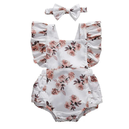 Little Girl Round Neck Printed Ruffle Swimsuit and Headband