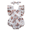 Little Girl Round Neck Printed Ruffle Swimsuit and Headband