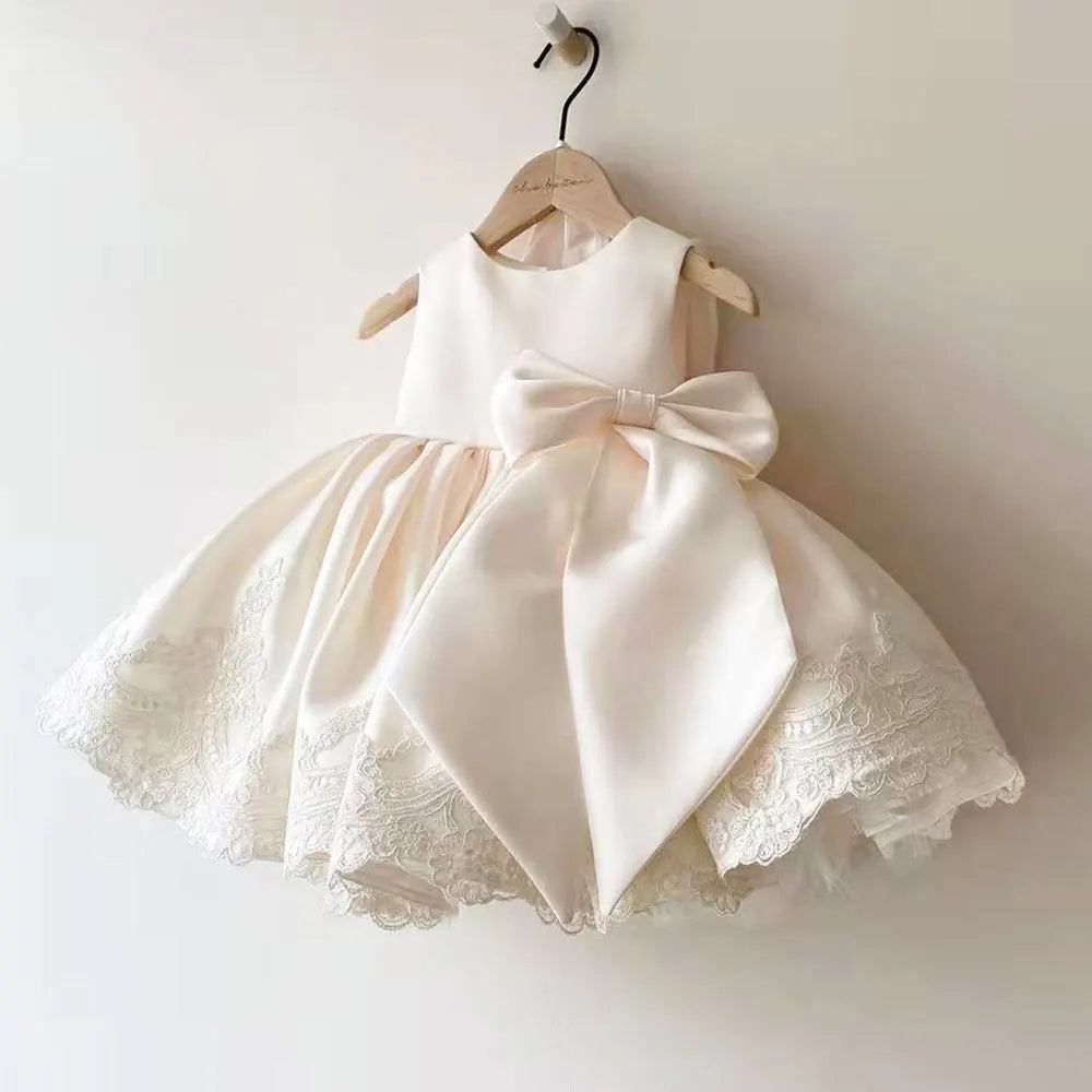 Sleeveless Bow Design Solid Lace Party Dresses For Girls childrensterritory