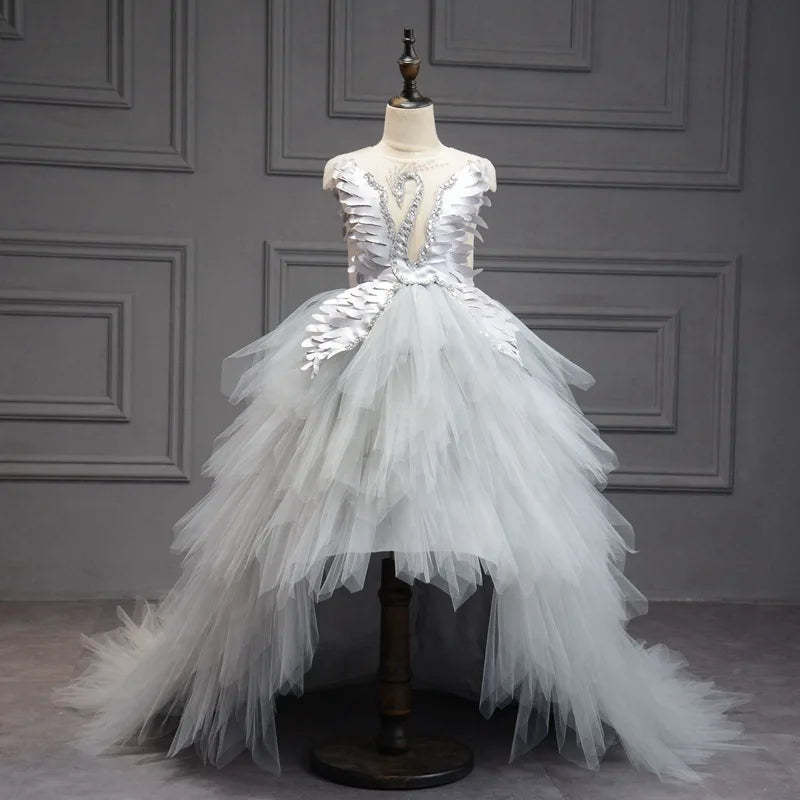 Kids Girls Elegant Crystal Swan Design Pageant Dress with Trail childrensterritory