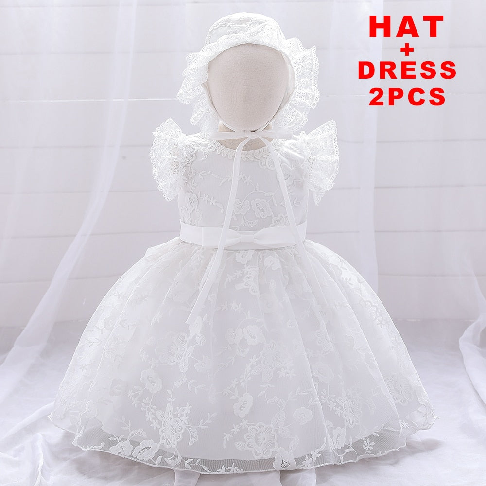 Infant Girl Floral Lace Christening Gown With Hat childrensterritory