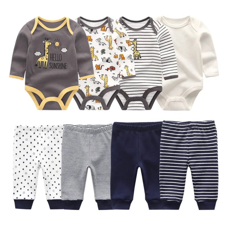 Newborn Baby Cartoon Print 6/8Pieces Soft Bodysuits+Pants Sets childrensterritory