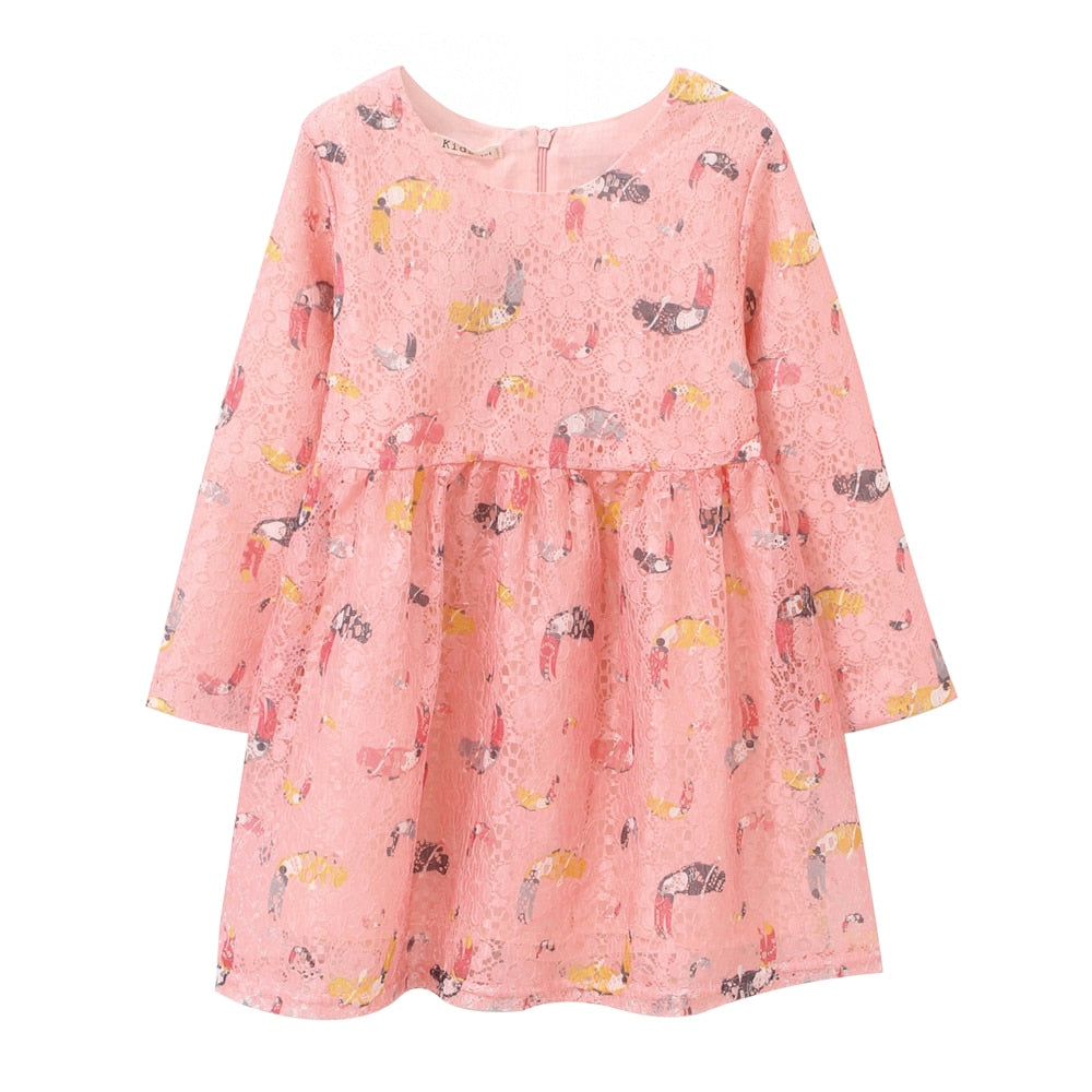 Flower Birds Printing Long Sleeve Princess Girl Dresses childrensterritory
