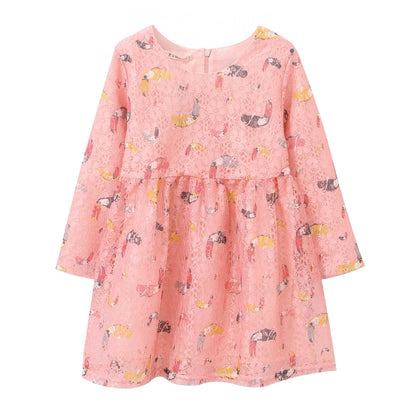 Flower Birds Printing Long Sleeve Princess Girl Dresses childrensterritory
