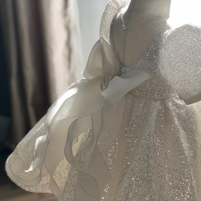 Puffy Sequin White Birdemaids Evening Party Dress for Girls childrensterritory