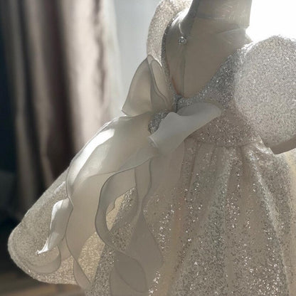 Puffy Sequin White Birdemaids Evening Party Dress for Girls childrensterritory