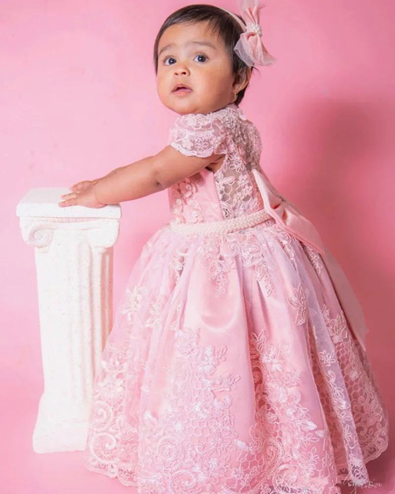 Lace-Appliqued, Fluffy Pink Kids Girl&