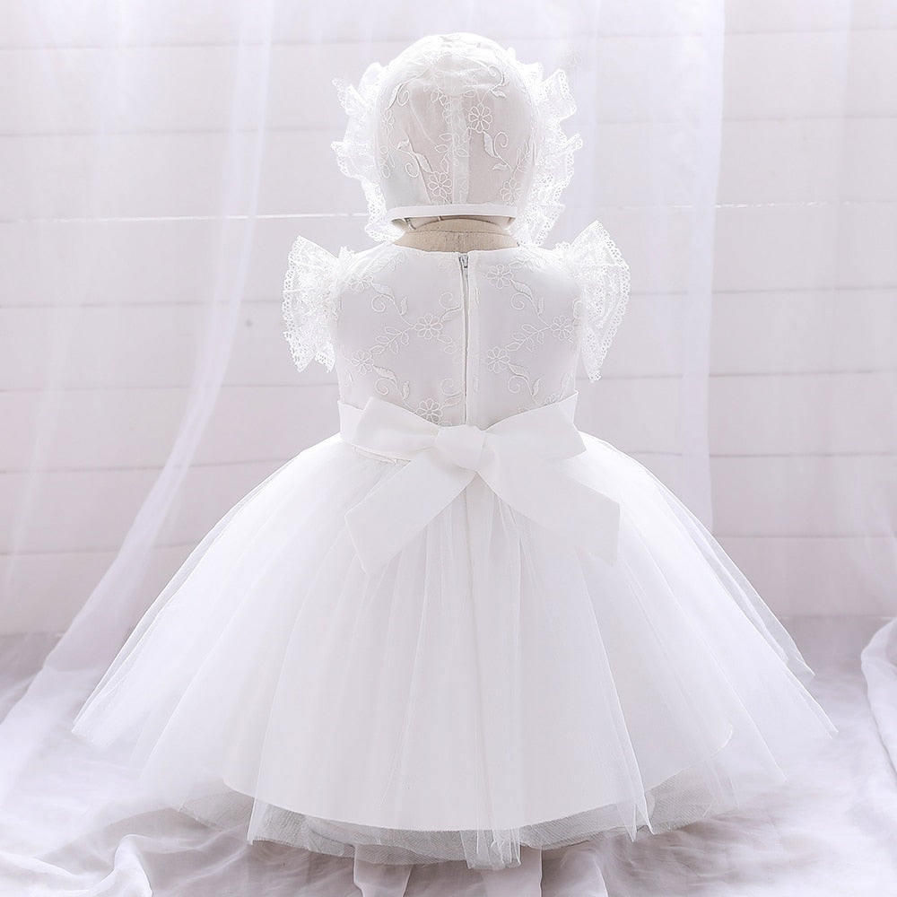 Infant Girl Floral Lace Christening Gown With Hat childrensterritory