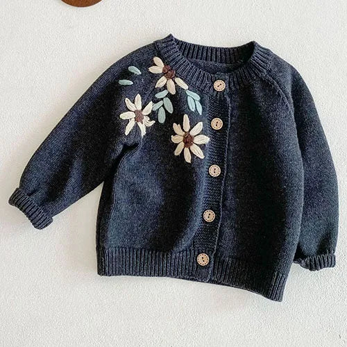 Baby Girls Long Sleeves Floral Embroidery Knitted Cardigans childrensterritory