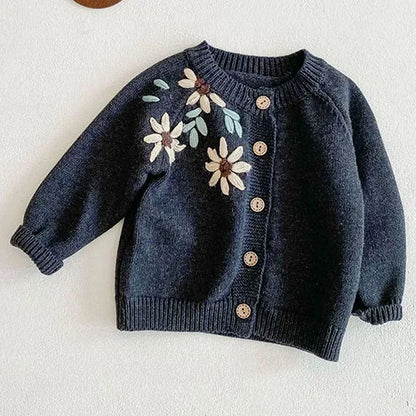 Baby Girls Long Sleeves Floral Embroidery Knitted Cardigans childrensterritory