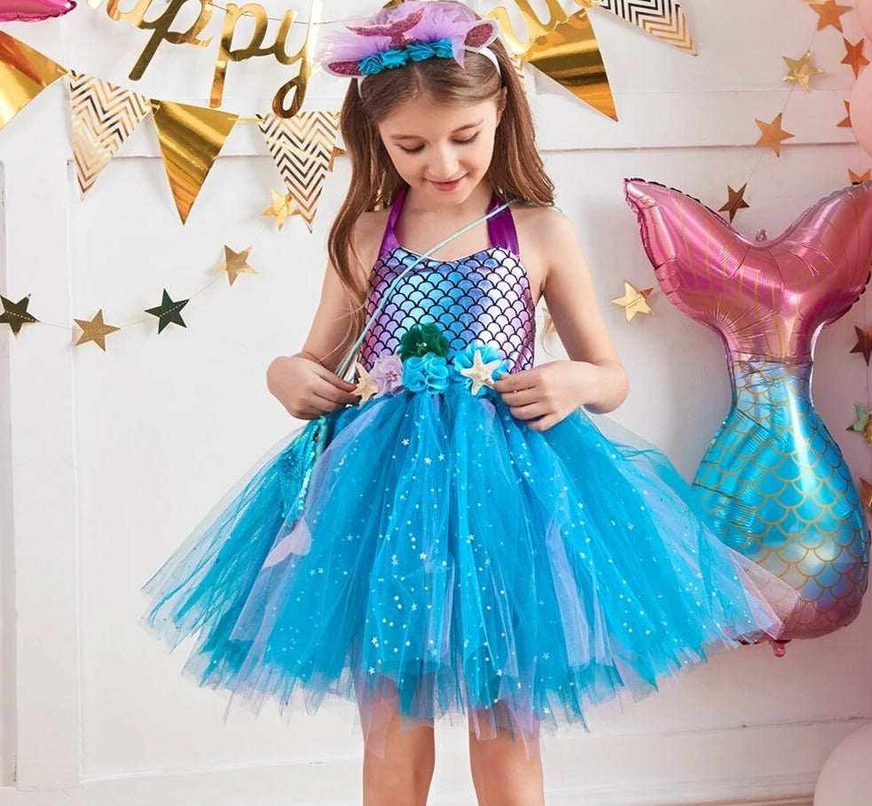 Kids Girls Mermaid Style Fancy Tutu Party Dress with Headband childrensterritory