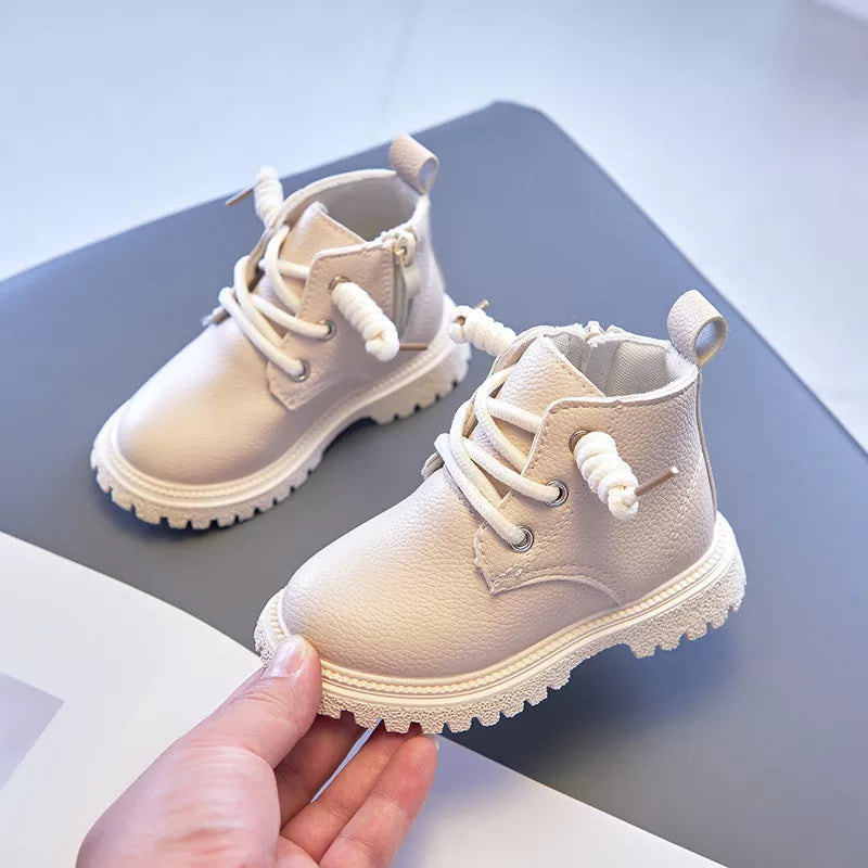 Kids Solid British Style Warm Short Leather Boots childrensterritory