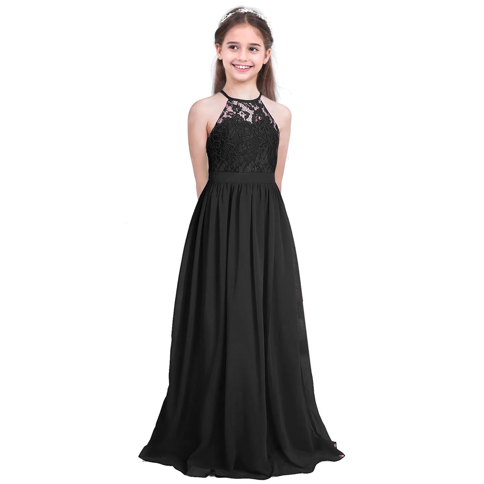 Kids Girls Halter Lace Design Chiffon Long Prom Ball Gowns