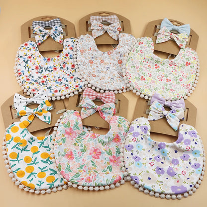 4Sets/Lot Floral Infant Burp Clothes with Bow Tie Headband childrensterritory