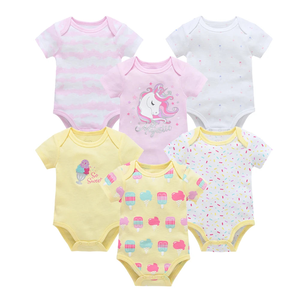 6 pcs/lot Baby Girls Cartoon Print Bodysuits for Summer childrensterritory