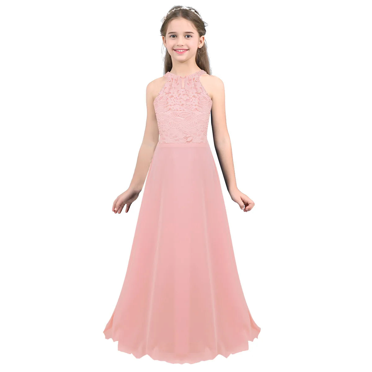 Kids Girls Halter Lace Design Chiffon Long Prom Ball Gowns