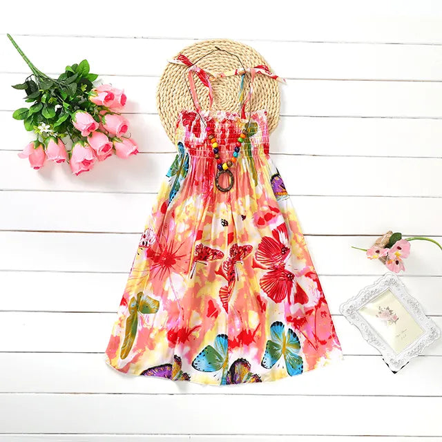 Bohemian Style Kids Girls Floral Sling Ruffles Beach Dresses childrensterritory