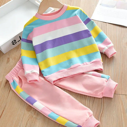 Little Girls Rainbow Striped Design Causal Sport Clothing Sets childrensterritory