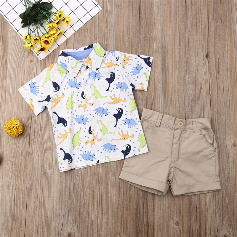 Toddler Boys Dinosaur Print Shirt and Khaki Shorts Set childrensterritory
