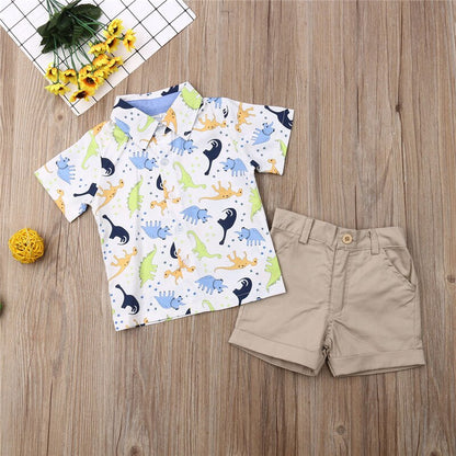 Toddler Boys Dinosaur Print Shirt and Khaki Shorts Set childrensterritory