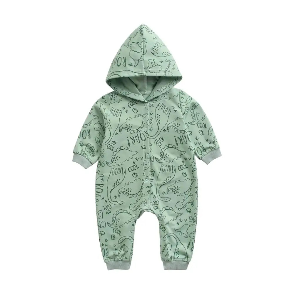 Dinosaur Print Baby Boys Long Sleeve Hooded Rompers