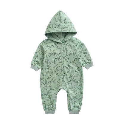 Dinosaur Print Baby Boys Long Sleeve Hooded Rompers