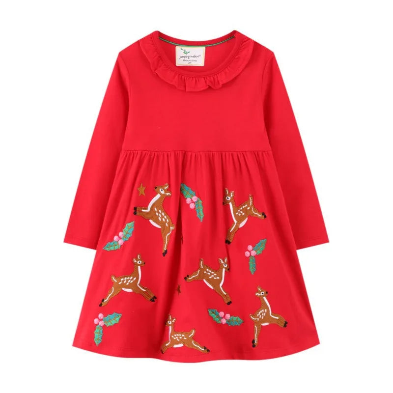Kids Cartoon Printed Full Sleeves Christmas Red Frocks childrensterritory