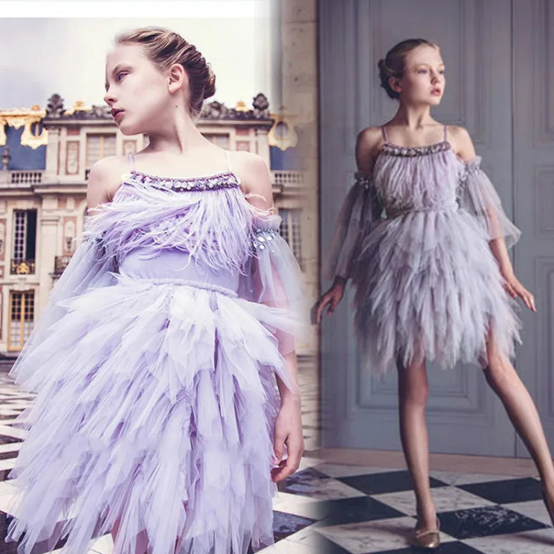 Kids' Girls Feather Tassels Design Princess Ball Gown Dresses