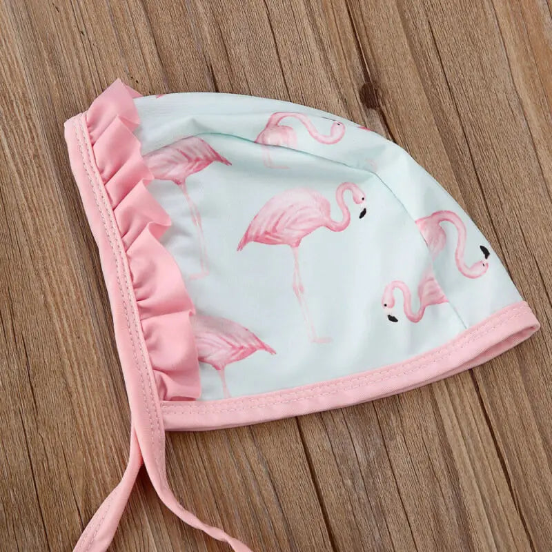 Little Girls Flamingo Print Backless Onepiece Swimsuit And Hat Set