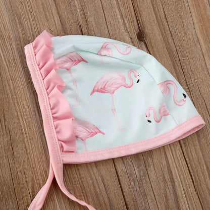 Little Girls Flamingo Print Backless Onepiece Swimsuit And Hat Set