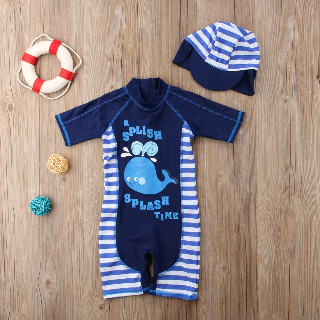Kids Cartoon Letter Print Rash Guard Swimwear with Cap childrensterritory