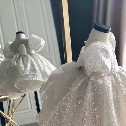 Puffy Sequin White Birdemaids Evening Party Dress for Girls childrensterritory