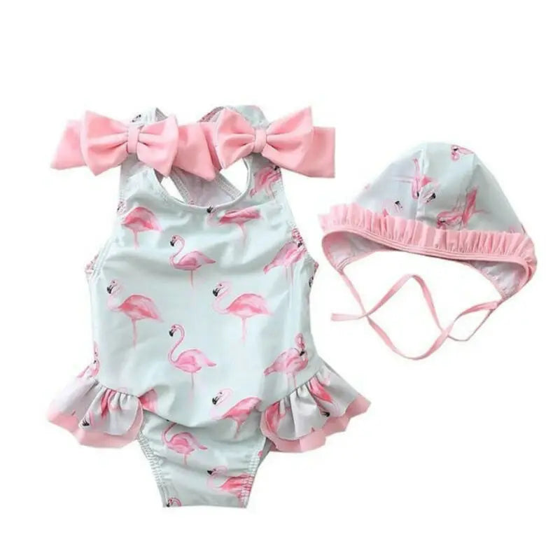 Little Girls Flamingo Print Backless Onepiece Swimsuit And Hat Set