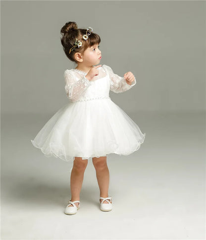 Little Girls Bow Lace Design White Baptism/Bridesmaid Dresses