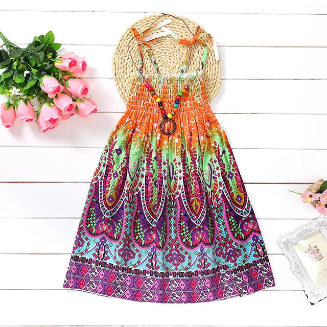 Bohemian Style Kids Girls Floral Sling Ruffles Beach Dresses childrensterritory