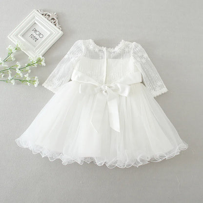 Little Girls Bow Lace Design White Baptism/Bridesmaid Dresses