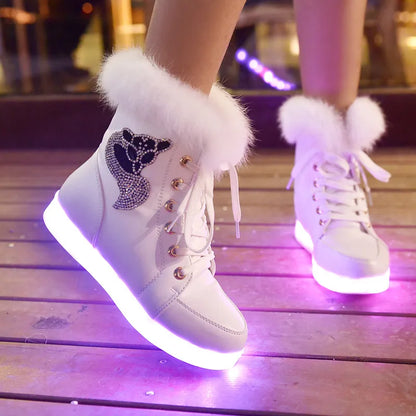 Kids Girls PU Leather Warm USB Charge Glowing Shoes childrensterritory