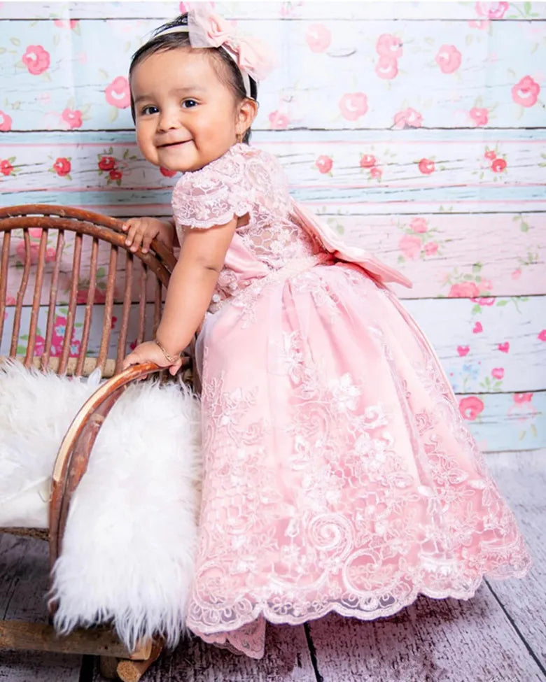 Lace-Appliqued, Fluffy Pink Kids Girl&